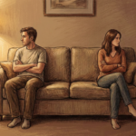 Couple sitting apart on a couch looking away from each other