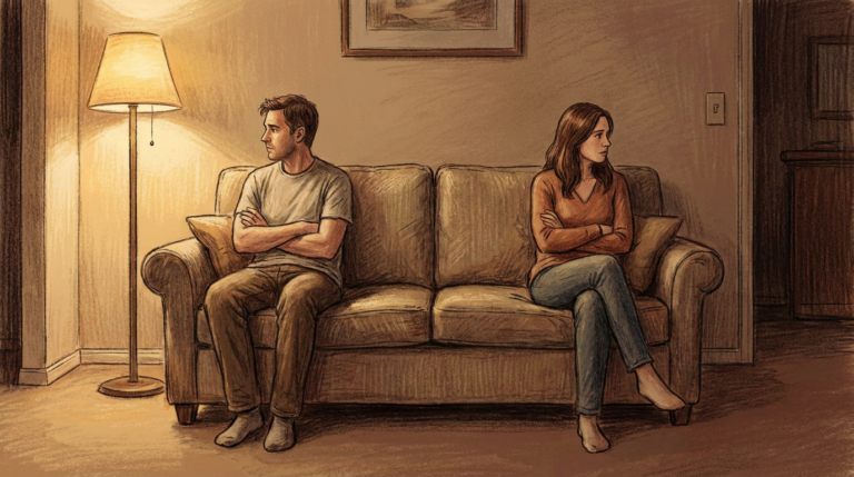 Couple sitting apart on a couch looking away from each other